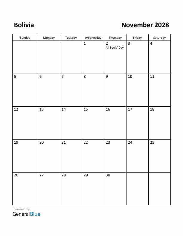 November 2028 Calendar with Bolivia Holidays