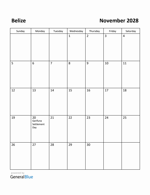 November 2028 Calendar with Belize Holidays