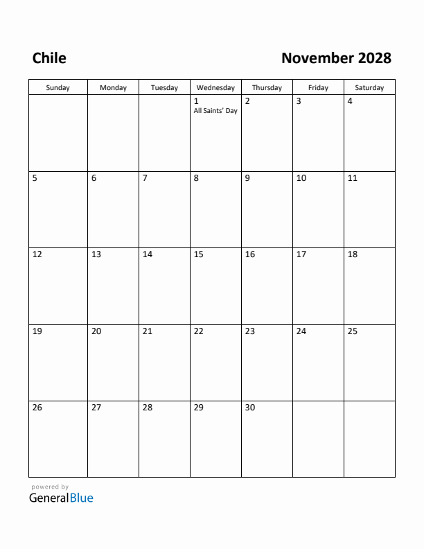 November 2028 Calendar with Chile Holidays