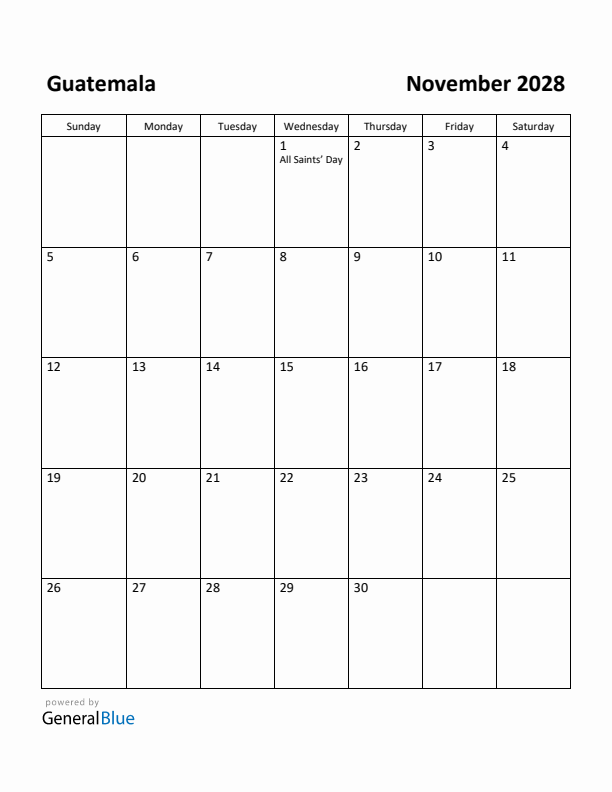 November 2028 Calendar with Guatemala Holidays