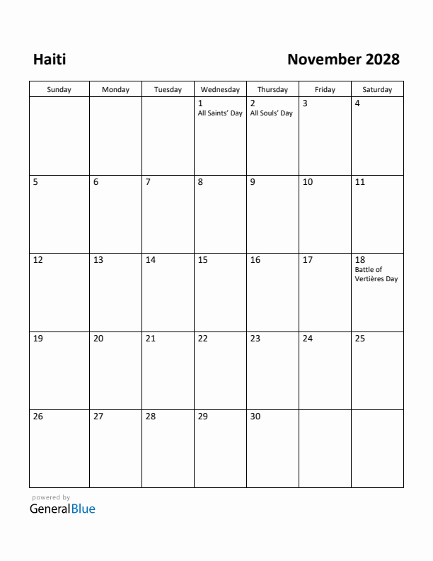 November 2028 Calendar with Haiti Holidays