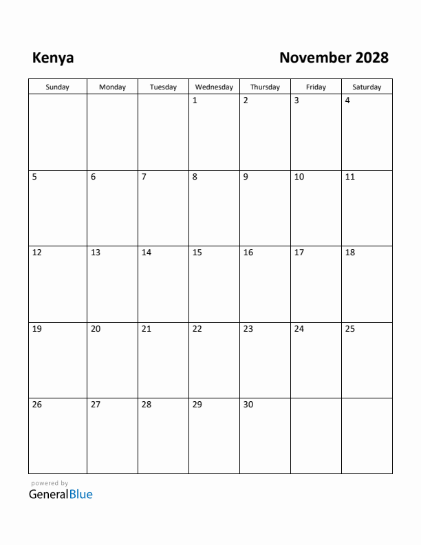 November 2028 Calendar with Kenya Holidays