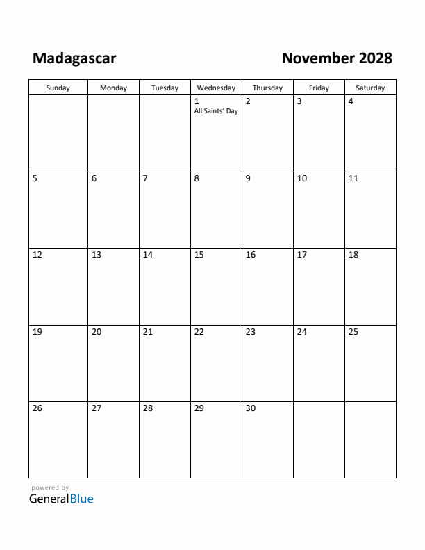 November 2028 Calendar with Madagascar Holidays