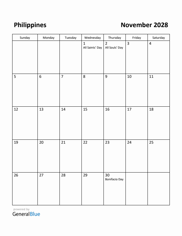 November 2028 Calendar with Philippines Holidays