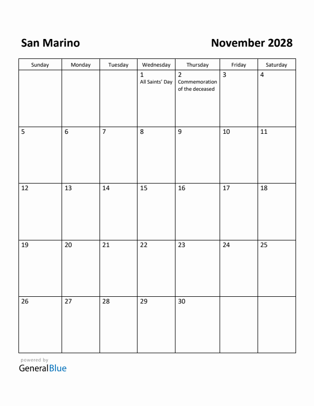 November 2028 Calendar with San Marino Holidays