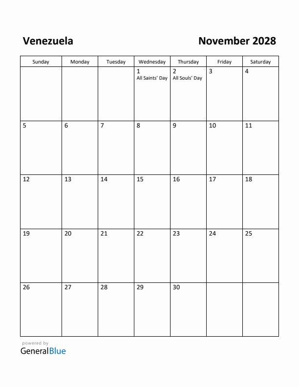 November 2028 Calendar with Venezuela Holidays