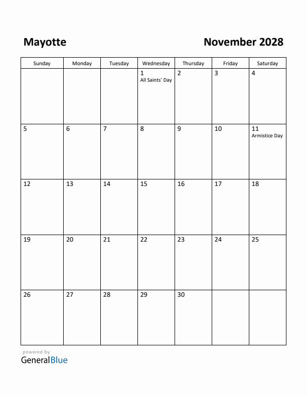 November 2028 Calendar with Mayotte Holidays