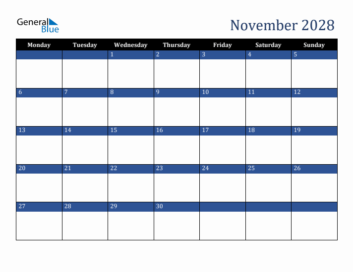 Monday Start Calendar for November 2028