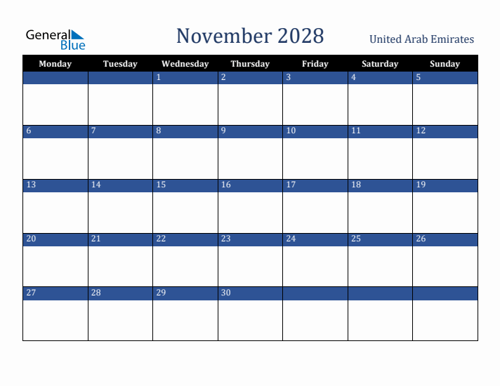 November 2028 United Arab Emirates Calendar (Monday Start)