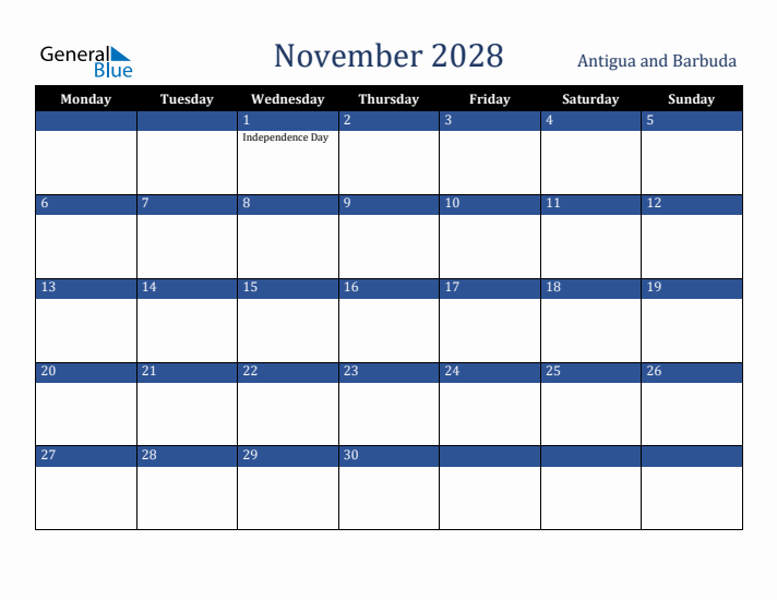 November 2028 Antigua and Barbuda Calendar (Monday Start)