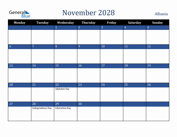 November 2028 Albania Calendar (Monday Start)