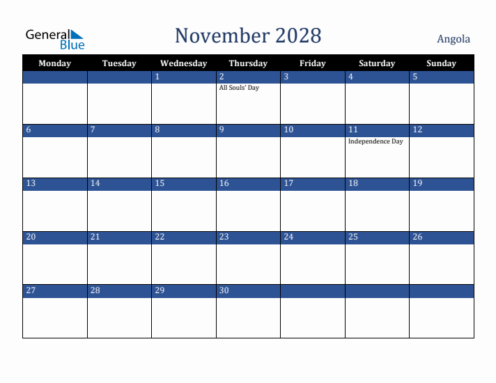 November 2028 Angola Calendar (Monday Start)