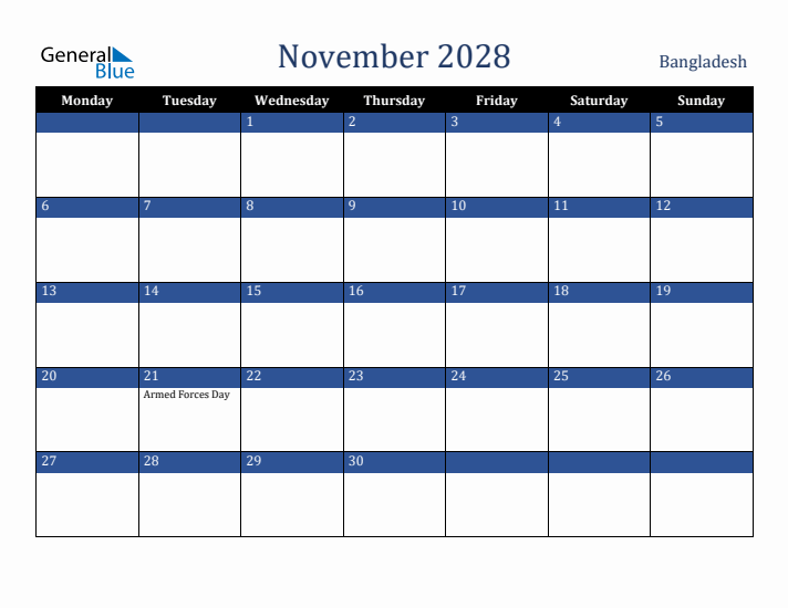 November 2028 Bangladesh Calendar (Monday Start)