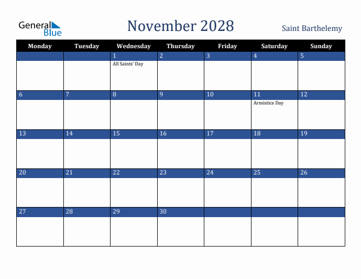 November 2028 Saint Barthelemy Calendar (Monday Start)