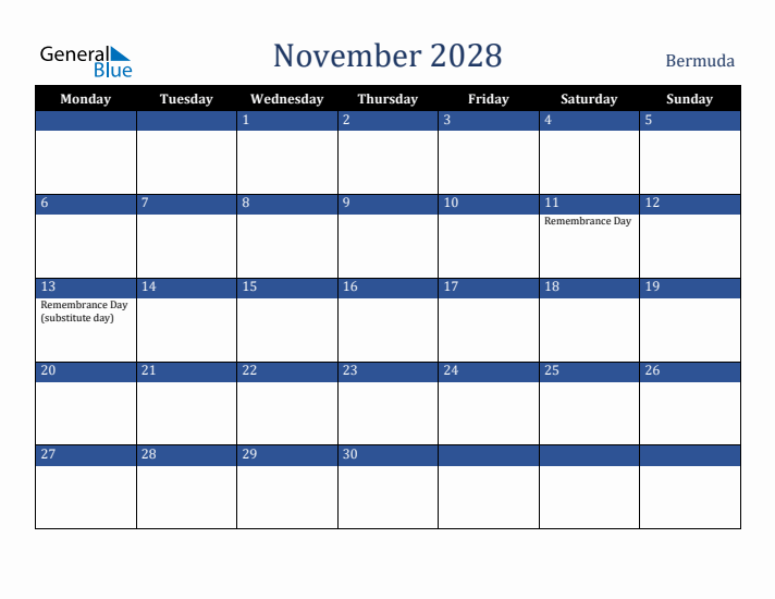 November 2028 Bermuda Calendar (Monday Start)
