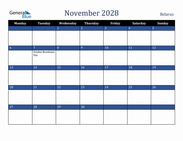 November 2028 Belarus Calendar (Monday Start)