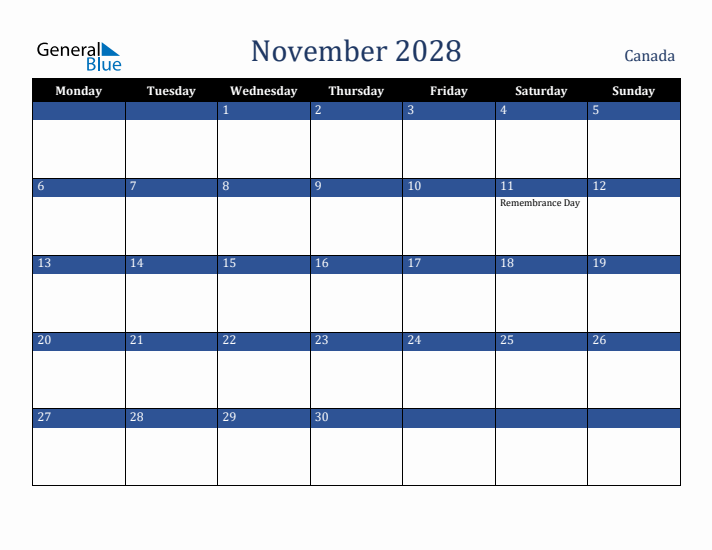 November 2028 Canada Calendar (Monday Start)