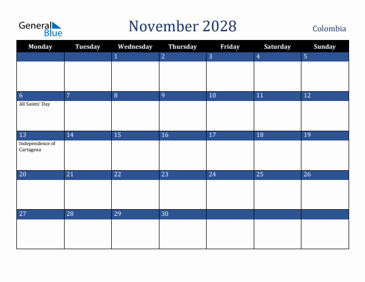 November 2028 Colombia Calendar (Monday Start)