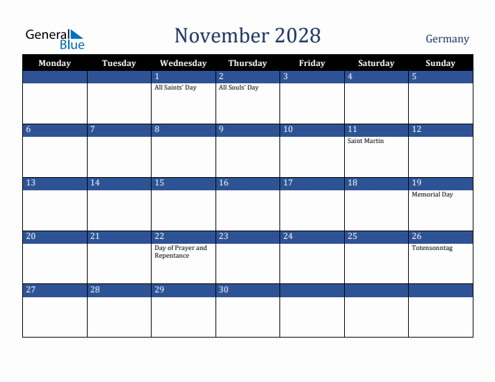November 2028 Germany Calendar (Monday Start)