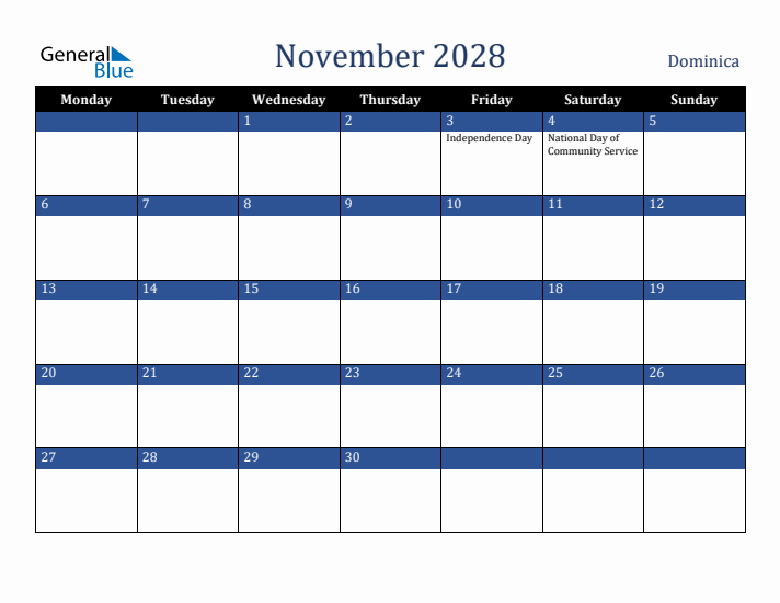 November 2028 Dominica Calendar (Monday Start)