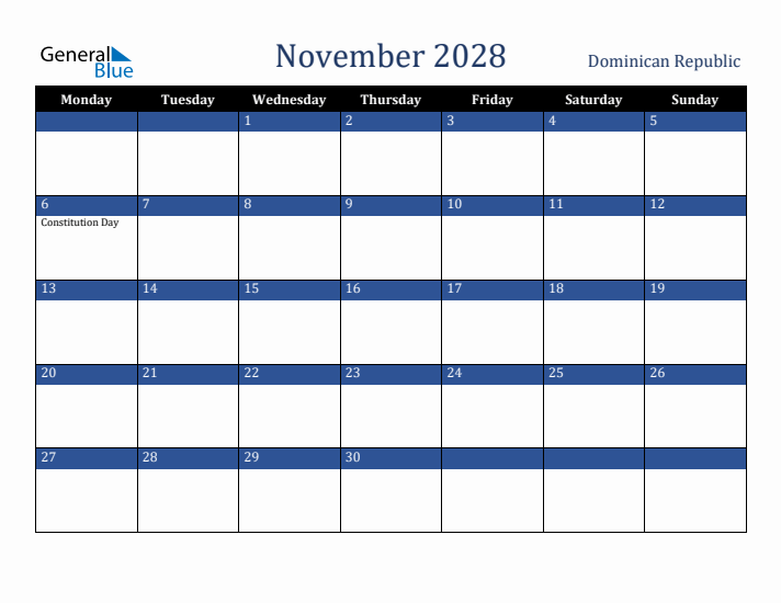 November 2028 Dominican Republic Calendar (Monday Start)