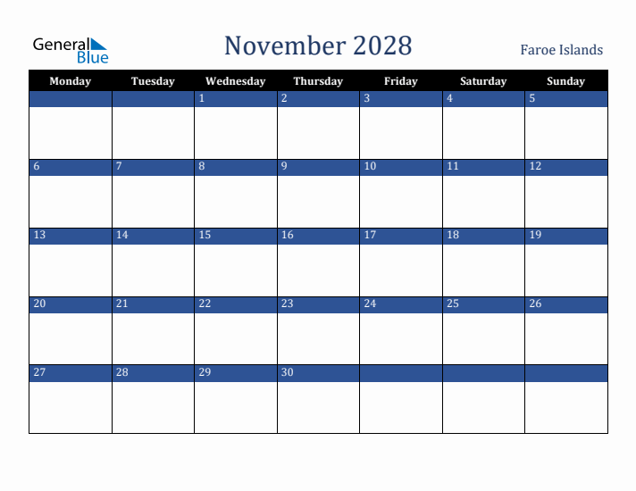 November 2028 Faroe Islands Calendar (Monday Start)