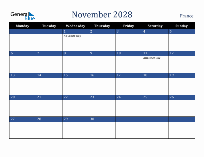 November 2028 France Calendar (Monday Start)