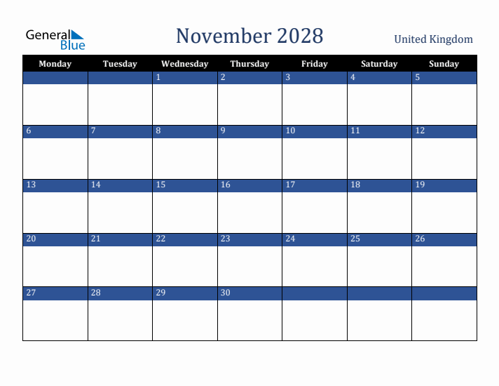 November 2028 United Kingdom Calendar (Monday Start)
