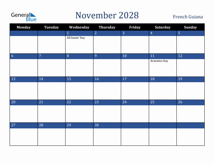November 2028 French Guiana Calendar (Monday Start)