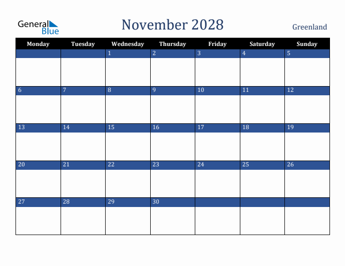 November 2028 Greenland Calendar (Monday Start)