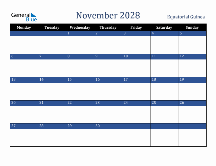 November 2028 Equatorial Guinea Calendar (Monday Start)