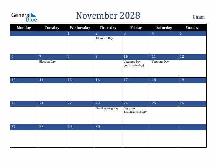 November 2028 Guam Calendar (Monday Start)