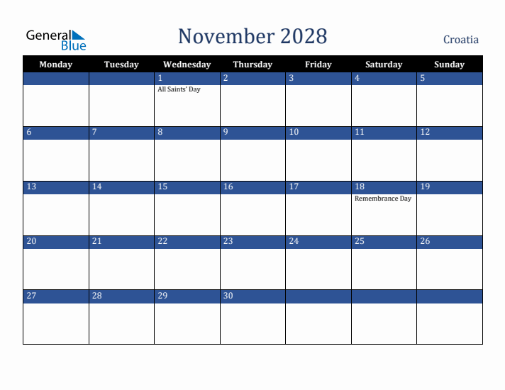 November 2028 Croatia Calendar (Monday Start)