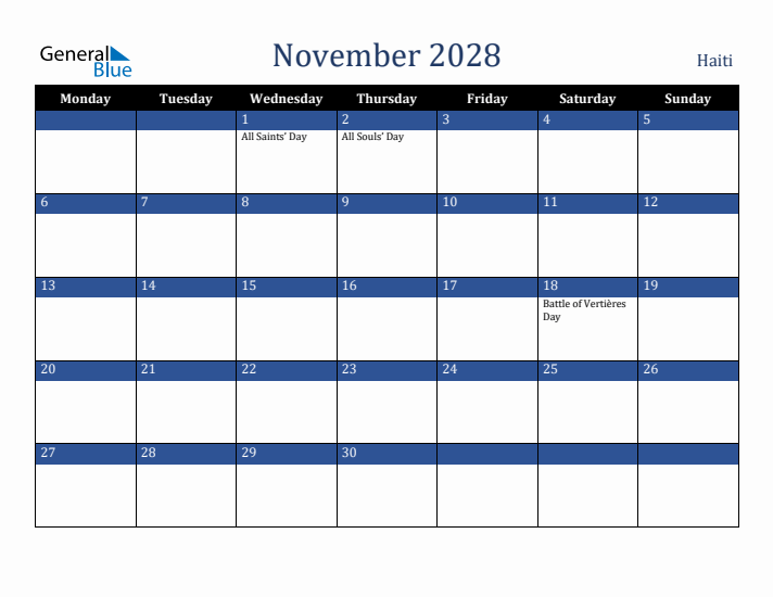 November 2028 Haiti Calendar (Monday Start)