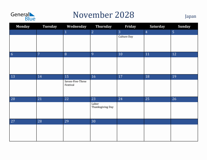 November 2028 Japan Calendar (Monday Start)
