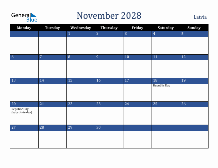November 2028 Latvia Calendar (Monday Start)