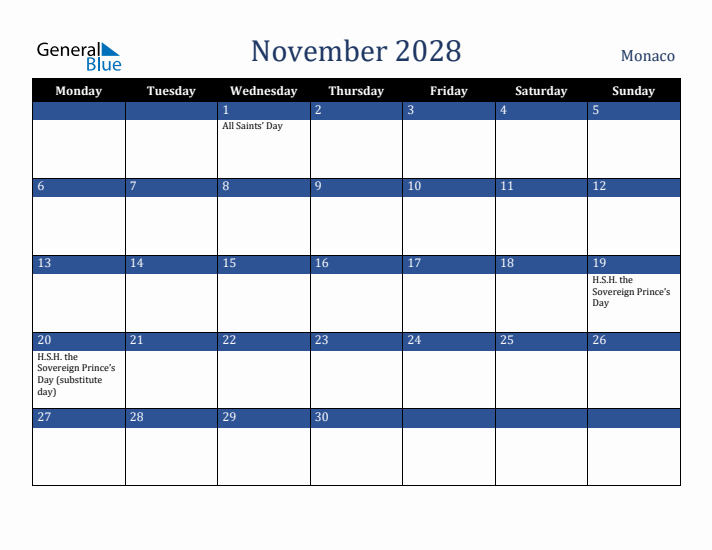 November 2028 Monaco Calendar (Monday Start)