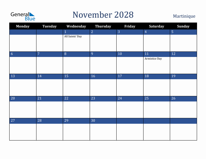 November 2028 Martinique Calendar (Monday Start)