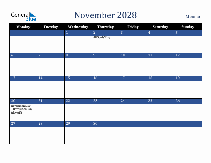 November 2028 Mexico Calendar (Monday Start)
