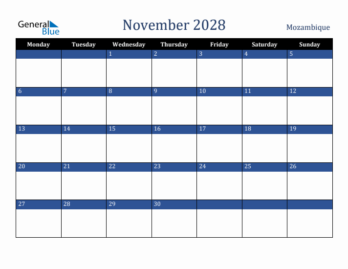 November 2028 Mozambique Calendar (Monday Start)