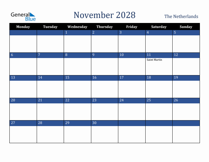 November 2028 The Netherlands Calendar (Monday Start)