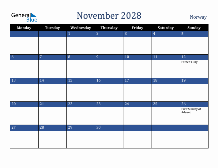 November 2028 Norway Calendar (Monday Start)