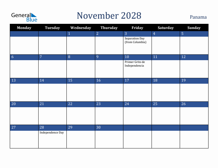 November 2028 Panama Calendar (Monday Start)