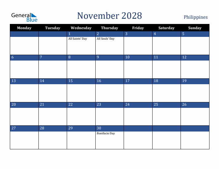 November 2028 Philippines Calendar (Monday Start)