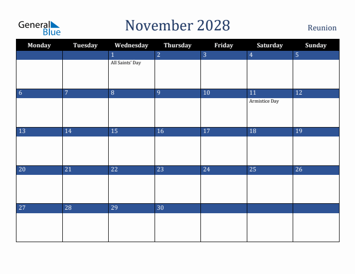 November 2028 Reunion Calendar (Monday Start)