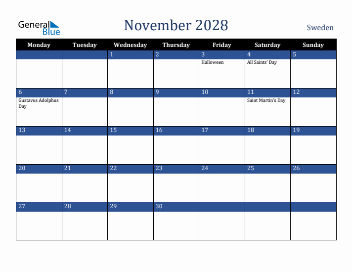 November 2028 Sweden Calendar (Monday Start)