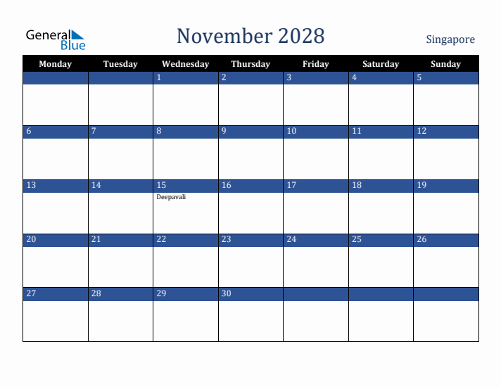 November 2028 Singapore Calendar (Monday Start)