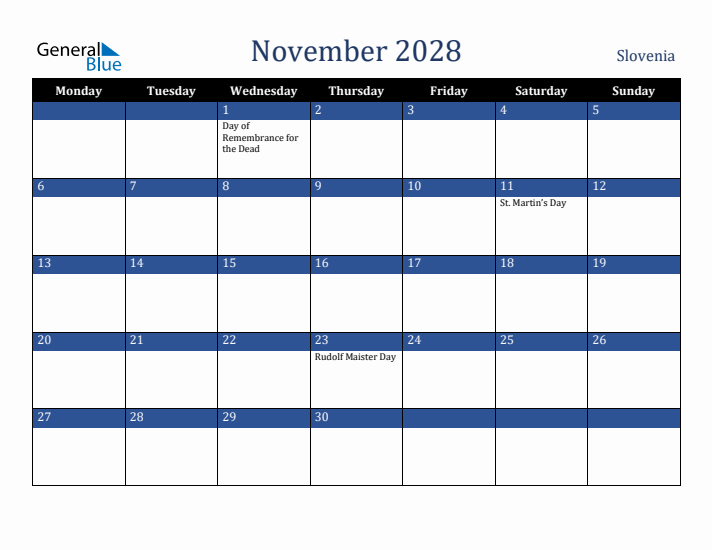 November 2028 Slovenia Calendar (Monday Start)