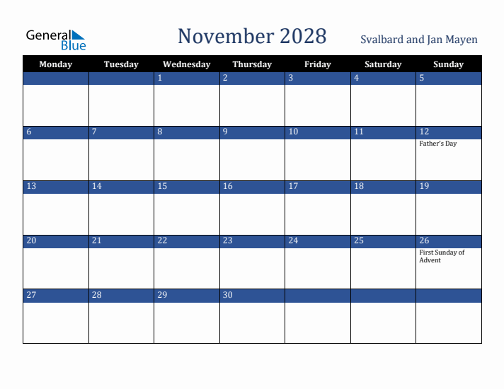 November 2028 Svalbard and Jan Mayen Calendar (Monday Start)