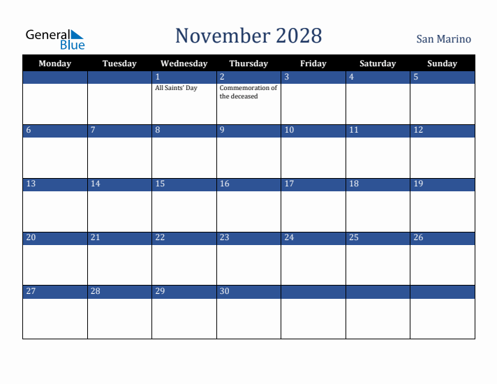 November 2028 San Marino Calendar (Monday Start)
